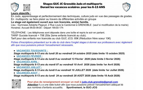 Dates Stage annuels Judo et Multisports 6-13 ans